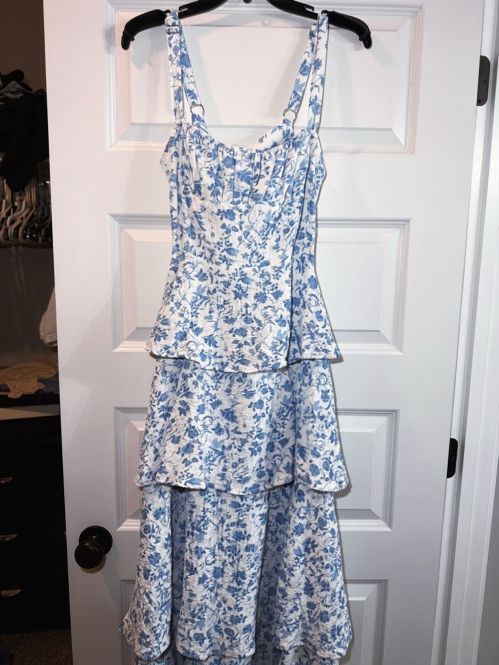 Selfie Leslie Blue and White Floral Tiered Maxi Dress
